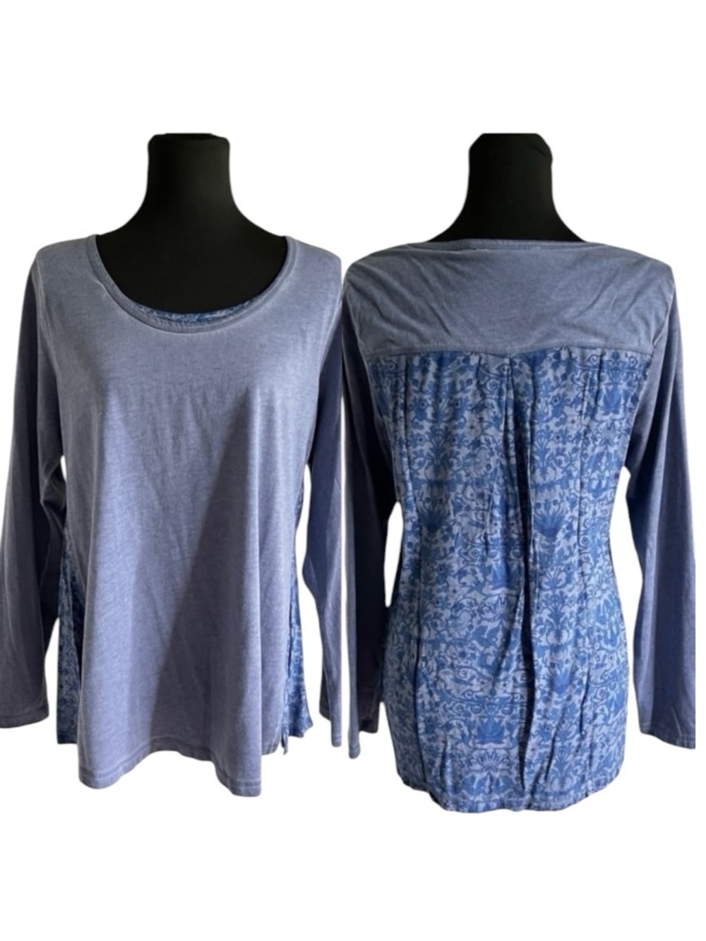 Soft Surroundings Blue Floral Tunic Top Size L Contrast Back Long Sleeve